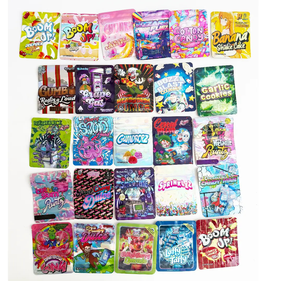 100 Pack Assorted 3.5g Mylar Bags Multiple Mixed Designs