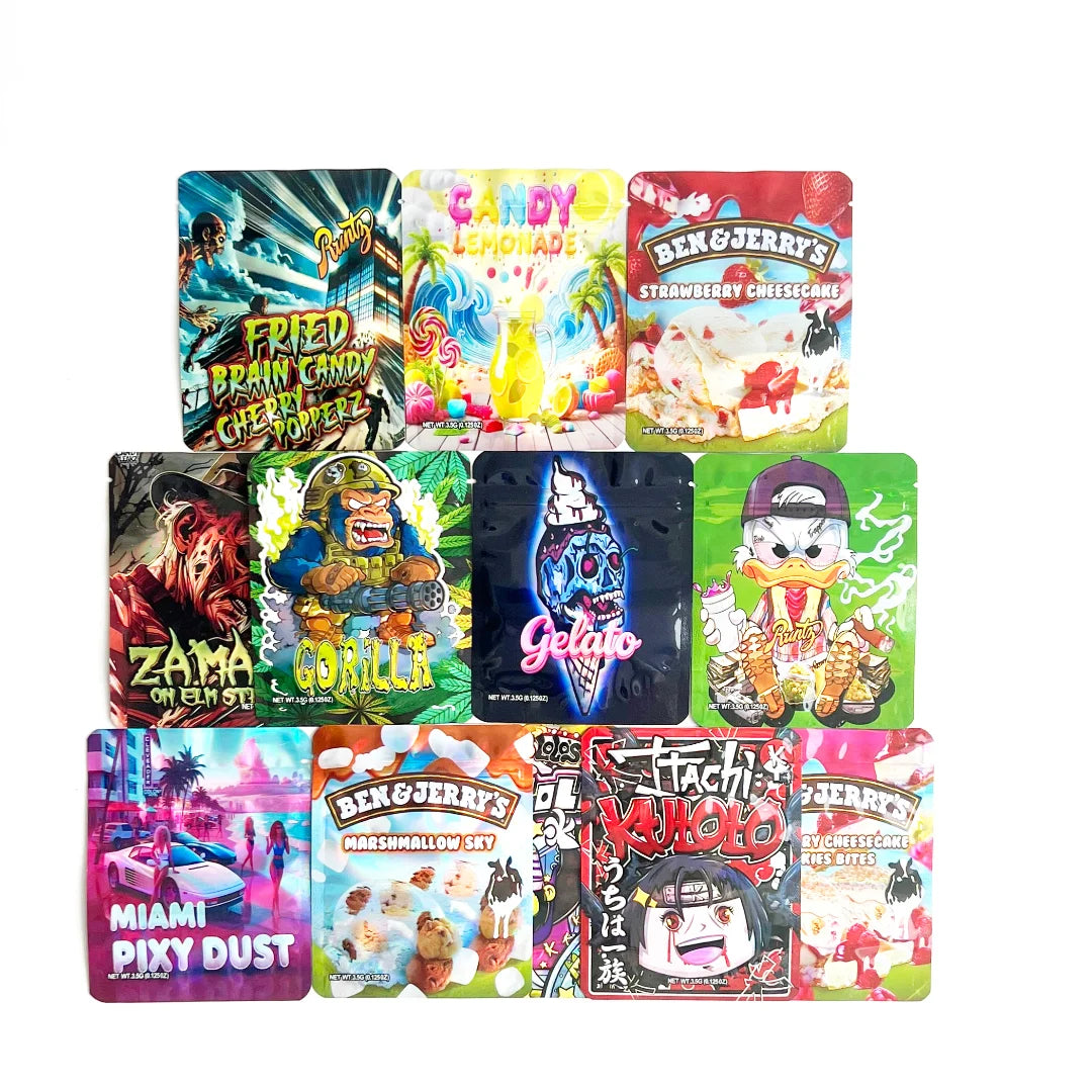 50 Pcs Mylar Bags 3.5g Smell Proof Ziplock Packaging – Resealable Foil Pouches Mixed Graphic Designs