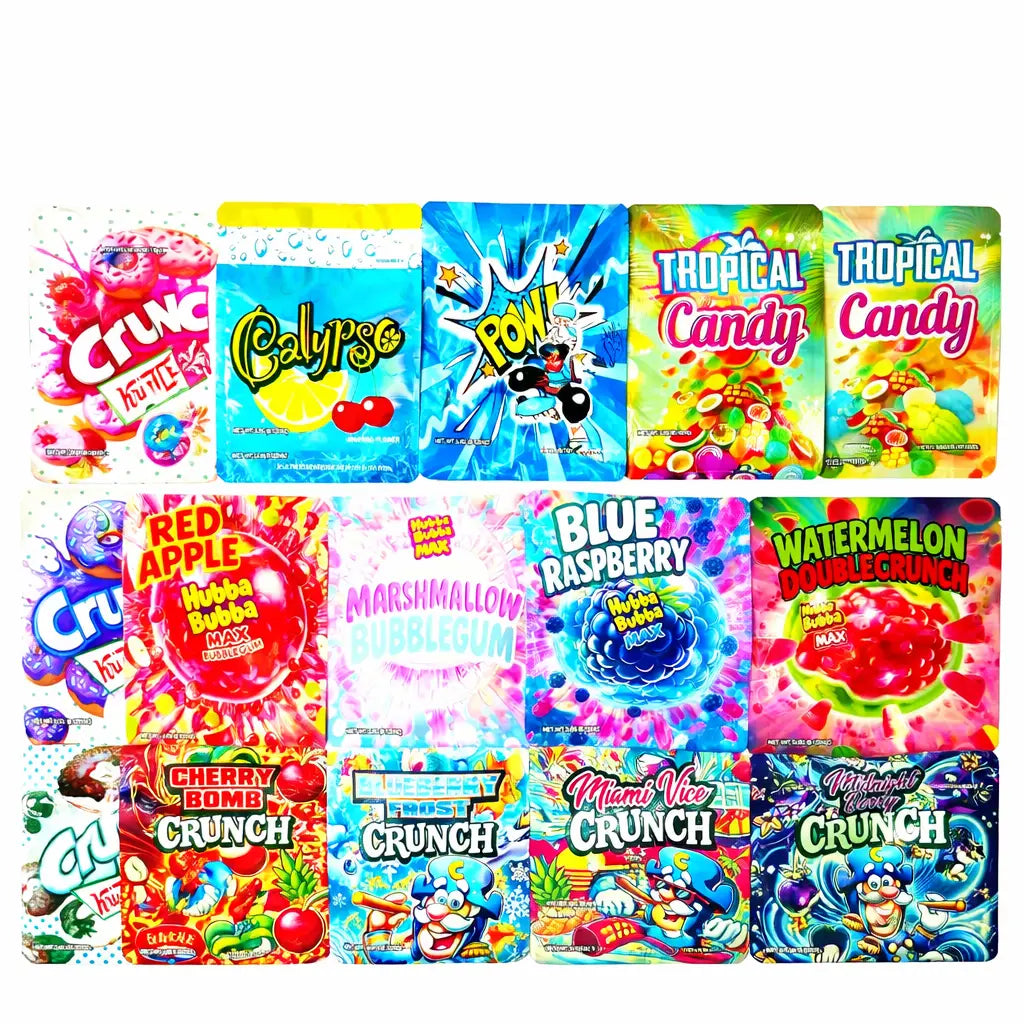 50 Pcs Mylar Bags 3.5g Smell Proof Ziplock Packaging – Resealable Foil Candy Fruit Design Pouches Bulk Pack