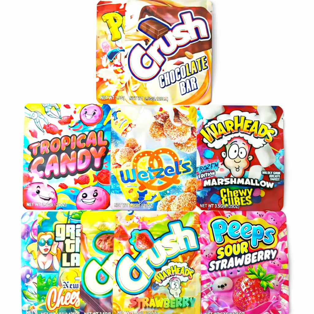 50 Pcs Mylar Bags 3.5g Smell Proof Ziplock Packaging – Resealable Foil Pouches Bulk Mixed Designs