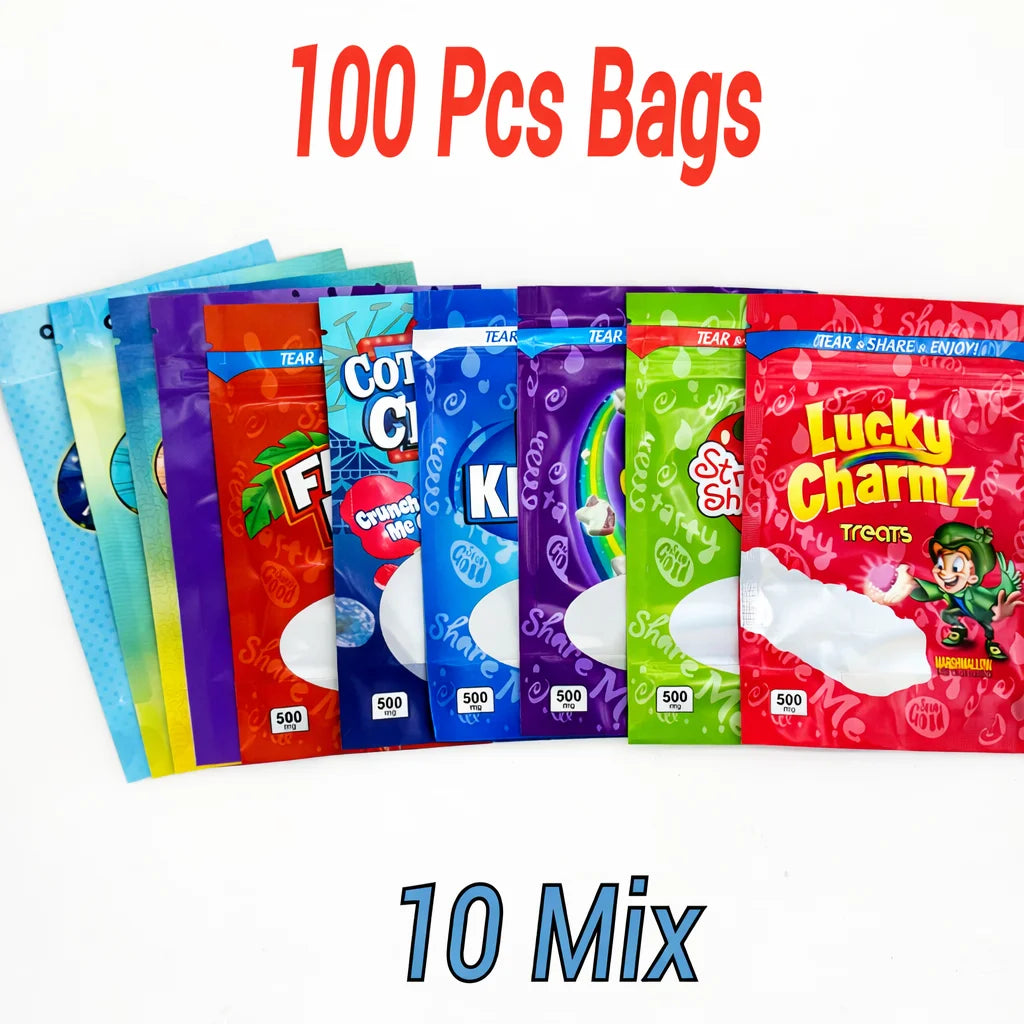 100 Pack 3.5g Mylar Bags Smell Proof Ziplock Pouches – 10 Mix Assorted Candy Style Packaging Bags