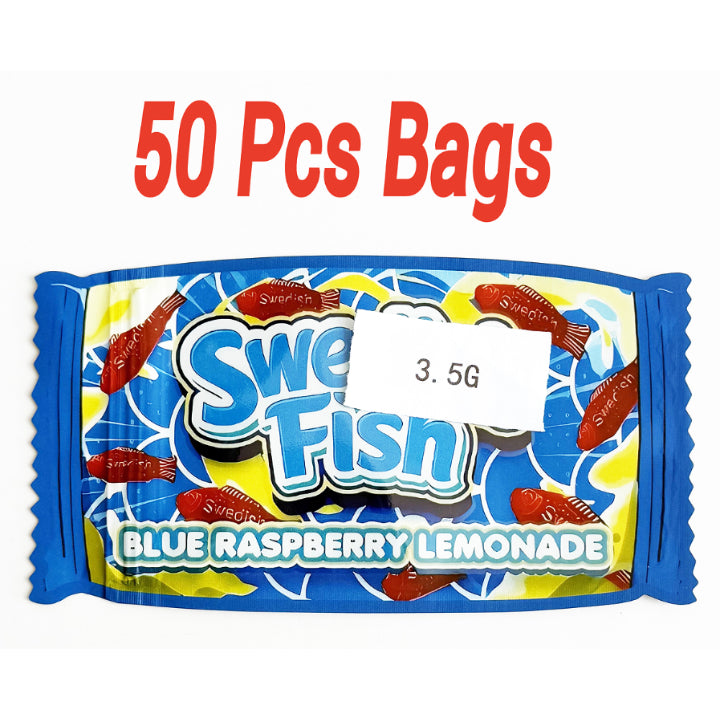 50 Pack Blue Raspberry Lemonade Fish Candy Style Mylar Bags – Smell Proof Resealable Ziplock Foil Food Storage Bags 3.5g Packaging