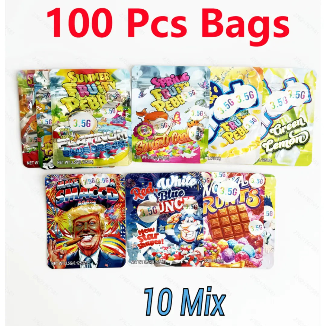 100 pack assorted 3.5g mylar bags mixed designs smell proof ziplock bags