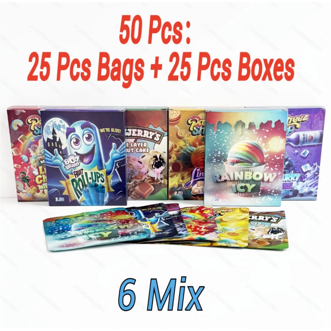 mylar bags and boxes 3.5g packaging set 6 mixed designs