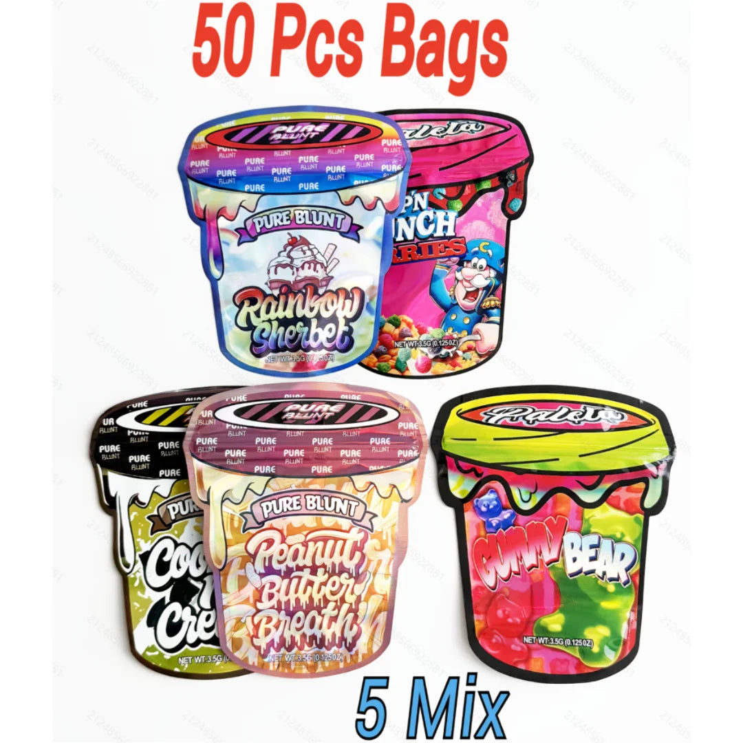 50 Pack 3.5g Mylar Bags 5 Designs Mix Cup Style Smell Proof Resealable Ziplock Pouches for Candy Food Storage & Small Business Packaging