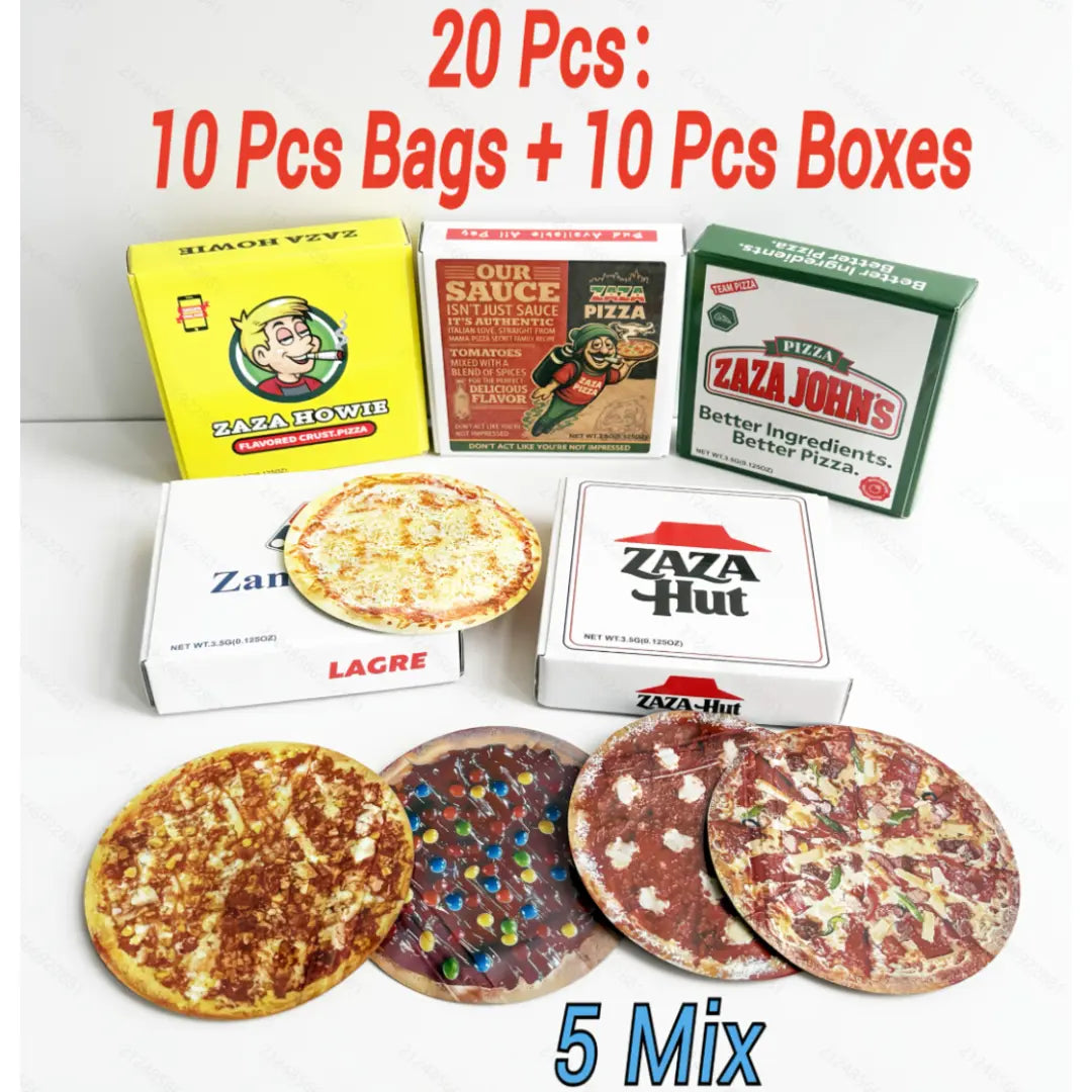 10 Set Pizza Style 3.5g Mylar Bags with Boxes – Smell Proof Round Ziplock Pouch Packaging | 5 Mixed Designs Combo