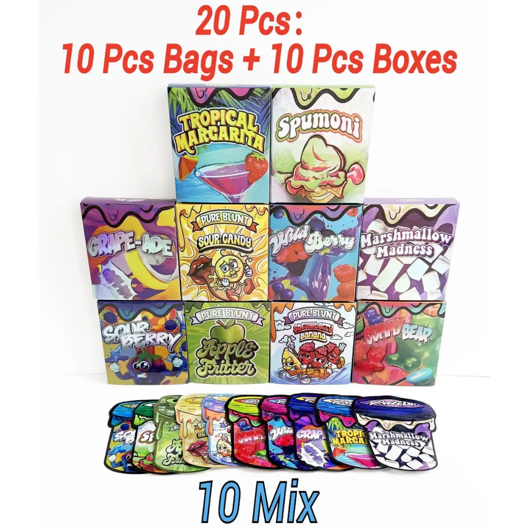 mylar bags and boxes set with assorted mixed designs