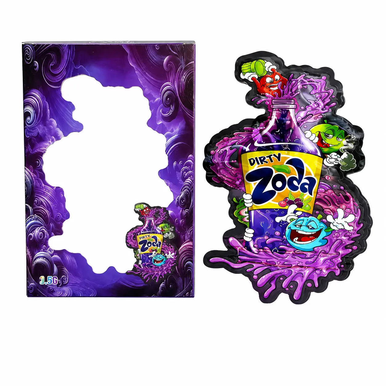10 Sets Matching Box & Die-Cut Mylar Bag Combo | Purple Dirty Soda Design Packaging Set with 10 Boxes & 10 Bags