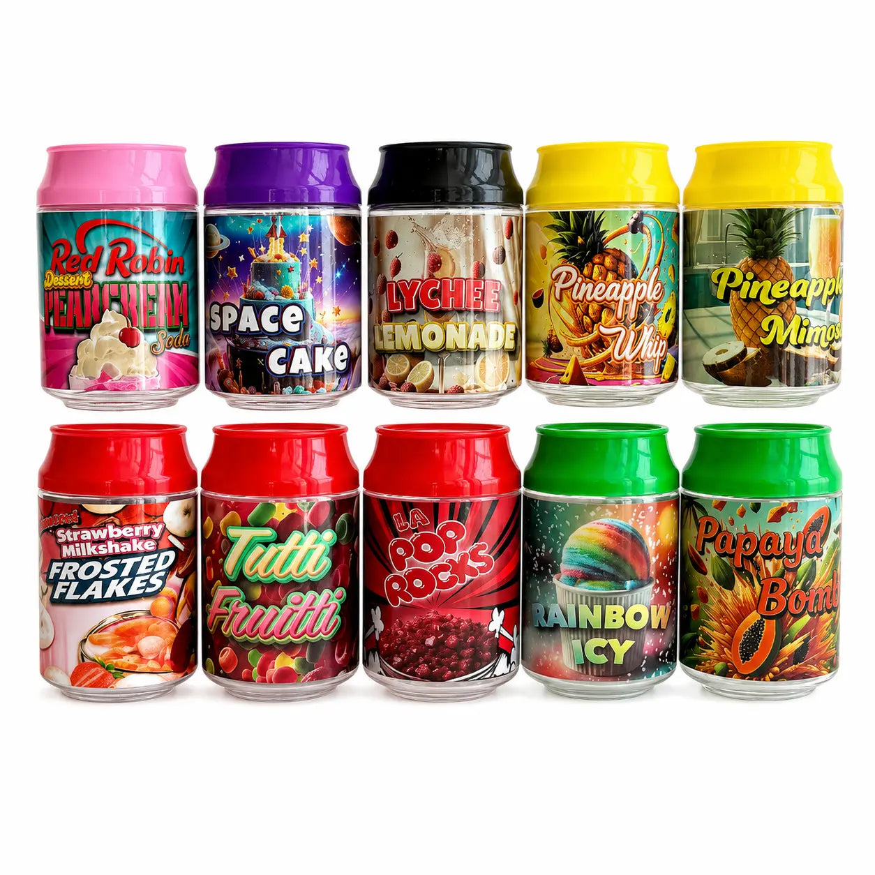 10 Pcs 100ml Soda Can PET Jars | 10 Unique Candy, Fruit & Dessert Designs Reusable Storage Containers with Screw Lids