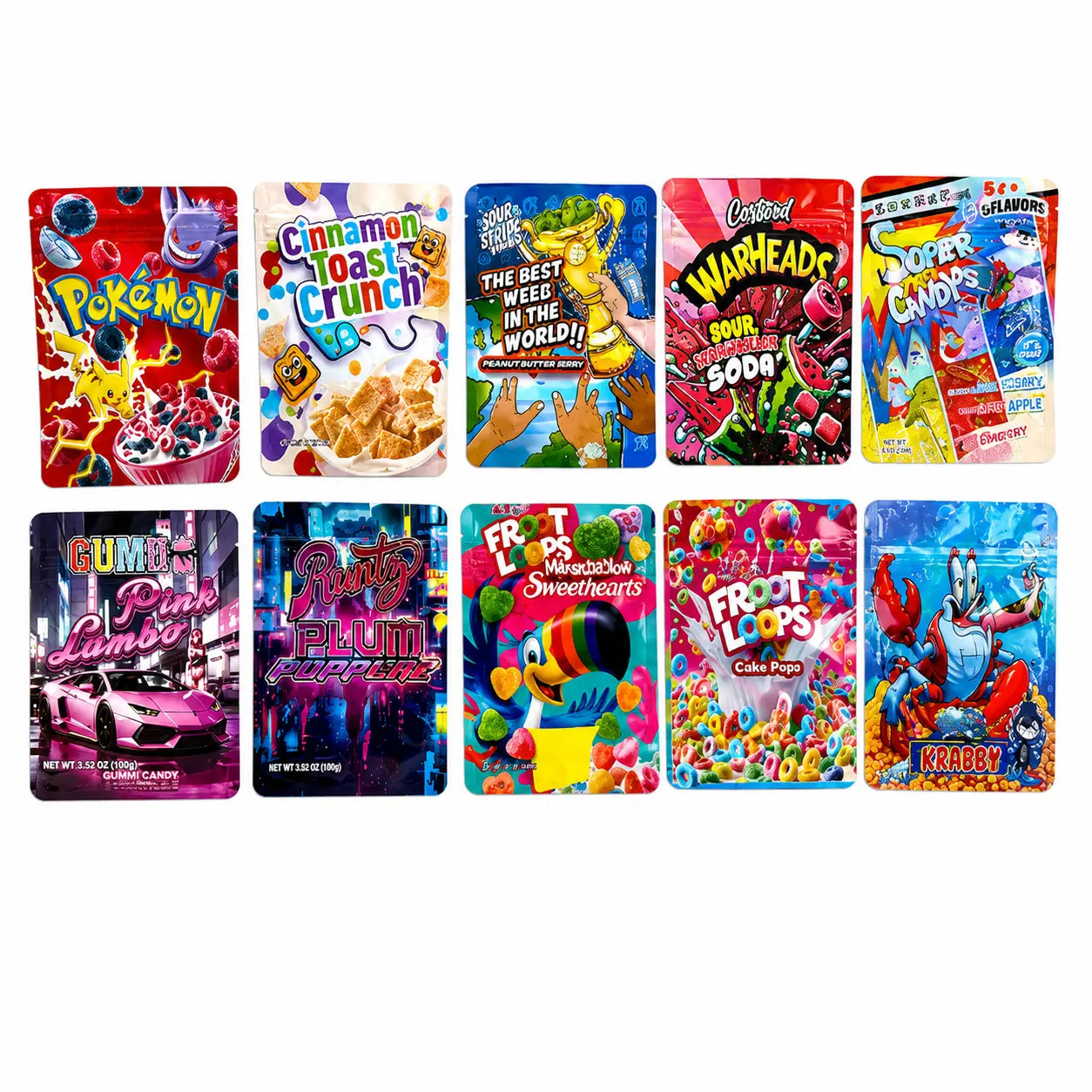 50 Pcs 3.5g Mylar Bags | 10 Mixed Candy & Cartoon Designs Smell Proof Resealable Packaging Pouches