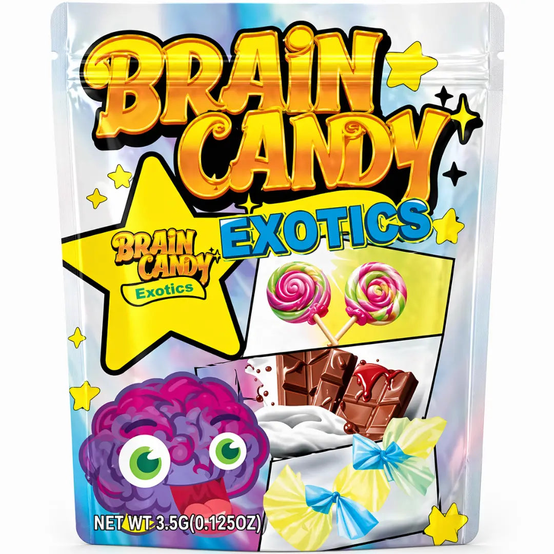 50 Pack 3.5g Mylar Bags – Brain Candy Exotics Design | Smell Proof Resealable Ziplock Foil Packaging for Candy, Snacks & Storage