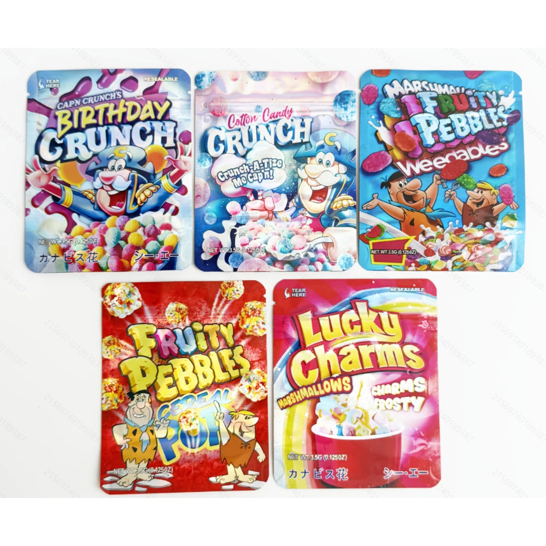 50pcs 3.5g Mylar Bags Assorted Cereal Style Cartoon Designs Smell Proof Resealable Stand Up Ziplock Pouches for Food & Snack Packaging