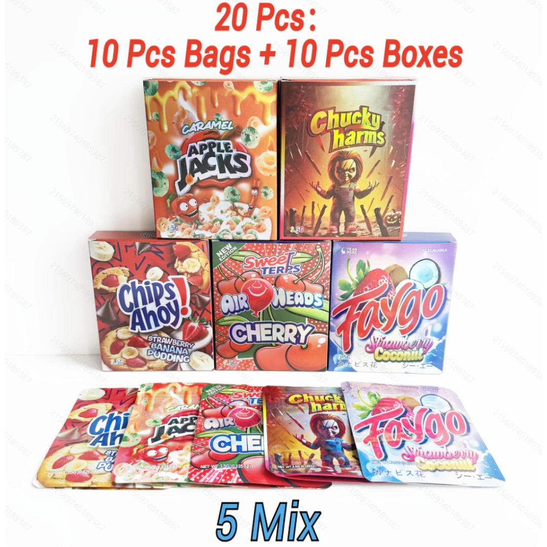 20pcs Mylar Bags with Matching Paper Boxes Set 10 Bags + 10 Boxes Smell Proof Resealable Ziplock Packaging for Candy Retail Display