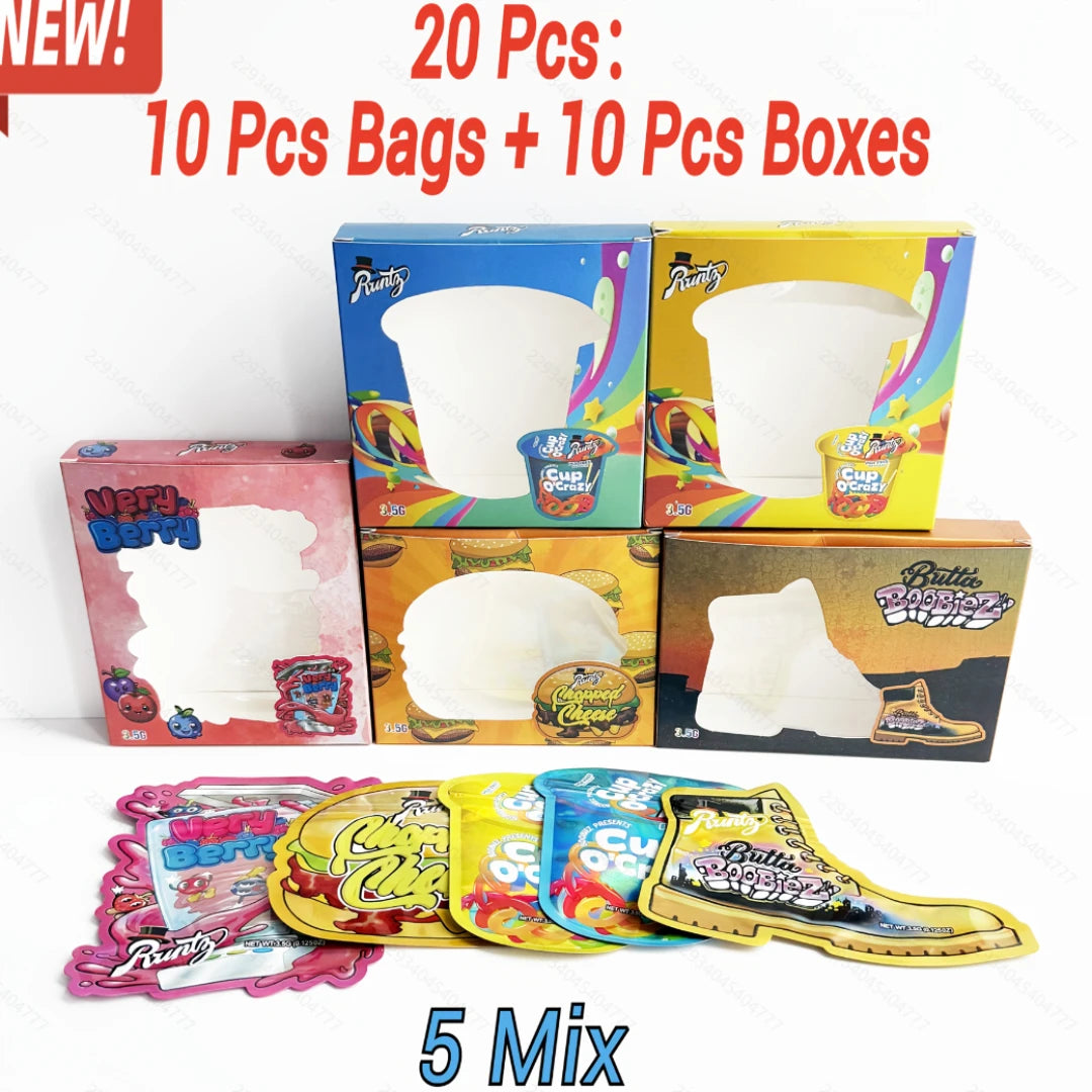 20pcs Mylar Bag & Window Box Combo Set 5 Mixed Designs Smell Proof Ziplock Stand Up Pouch Unique Shape Packaging 10 Bags 10 Boxes
