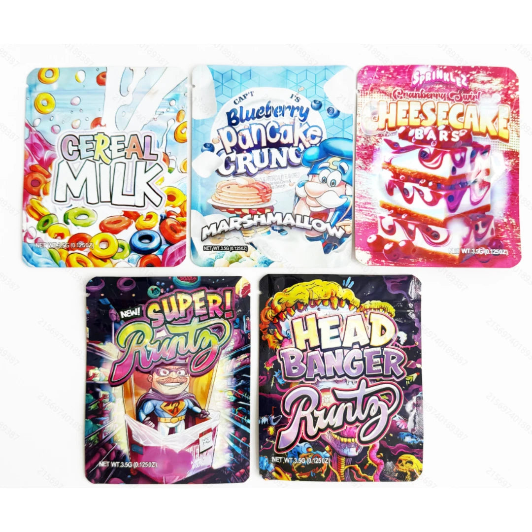 50pcs 3.5g Mylar Bags Assorted Dessert & Candy Designs Smell Proof Resealable Stand Up Ziplock Pouches for Snacks & Retail Packaging
