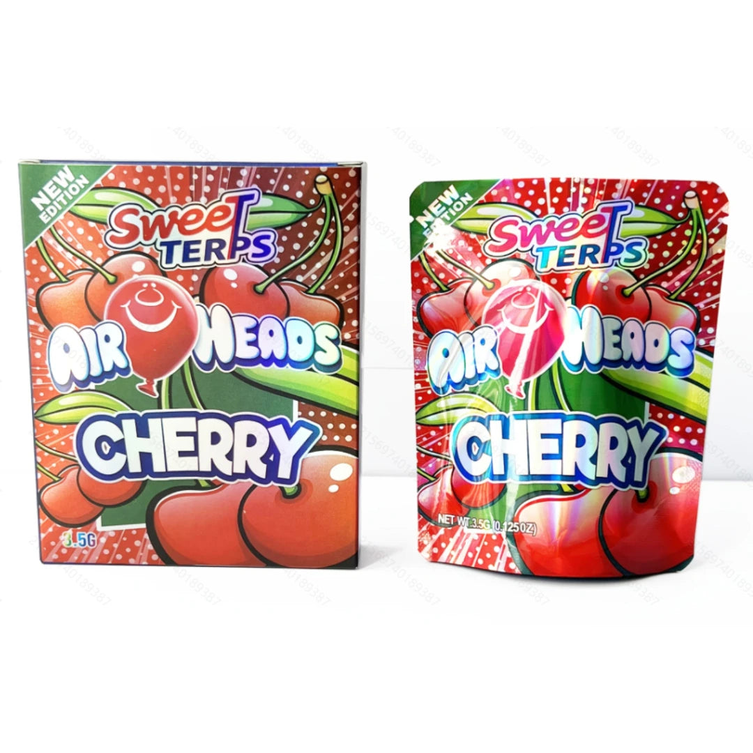 Cherry Mylar Bags 3.5g Smell Proof Foil Ziplock Pouches with Boxes Matching Packaging Set 10 Pack