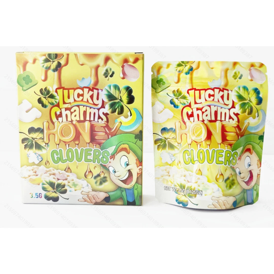 3.5g Mylar Bags Lucky Clover Design Smell Proof Foil Ziplock Pouches with Boxes Packaging Set 10 Pack