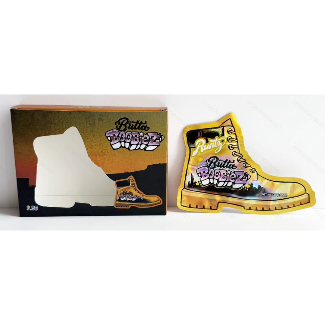 3.5g Boot Shape Mylar Bags Unique Design Smell Proof Foil Ziplock Pouches with Boxes Packaging Set 10 Pack