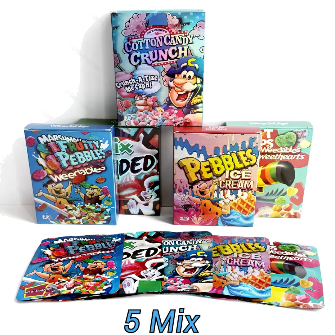 3.5g Mylar Bags 5 Mixed Designs Smell Proof Foil Ziplock Pouches with Boxes Packaging Set 10 Pack