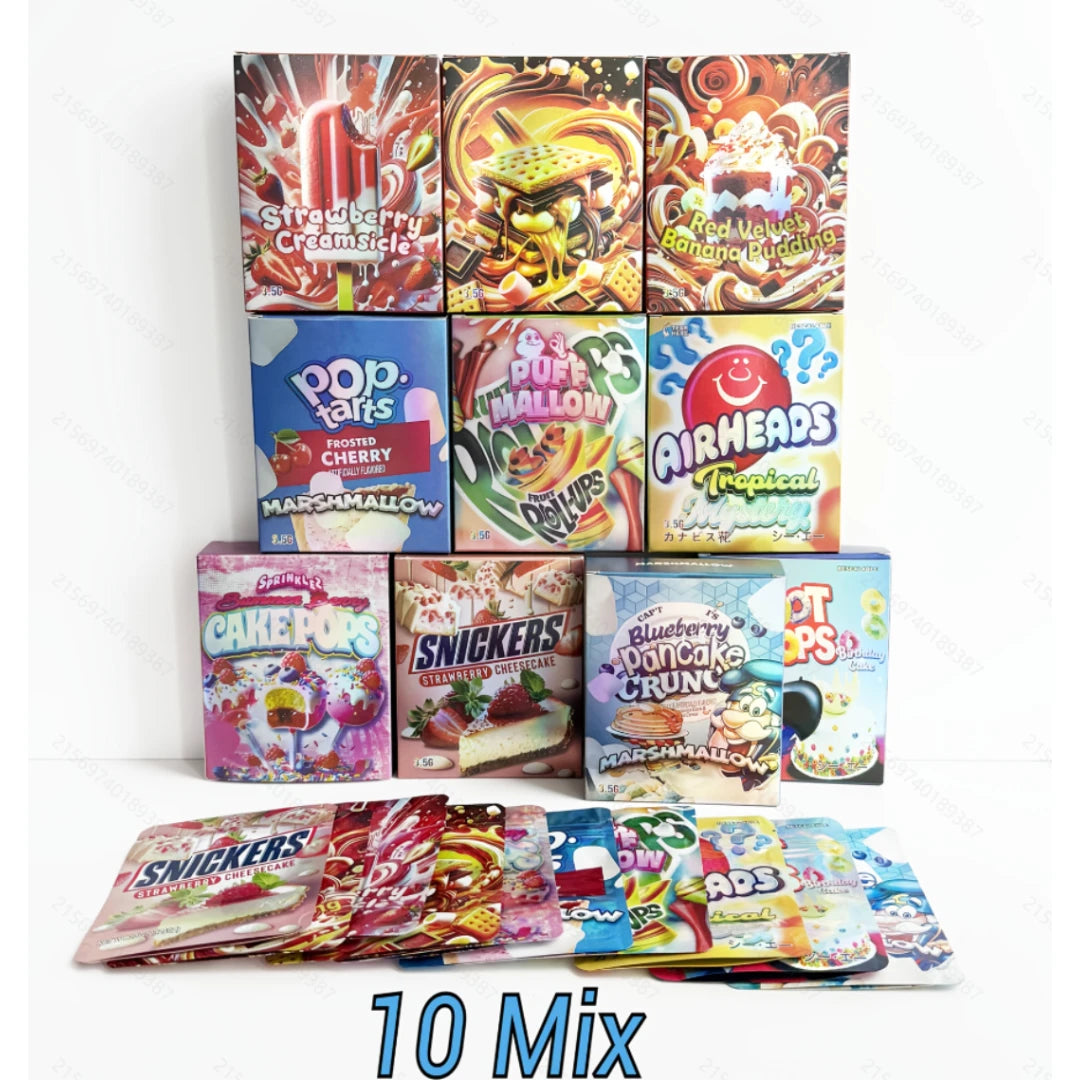 3.5g Mylar Bags & Boxes Set Smell Proof Ziplock Foil Packaging 10 Pack Mixed Designs Retail Ready