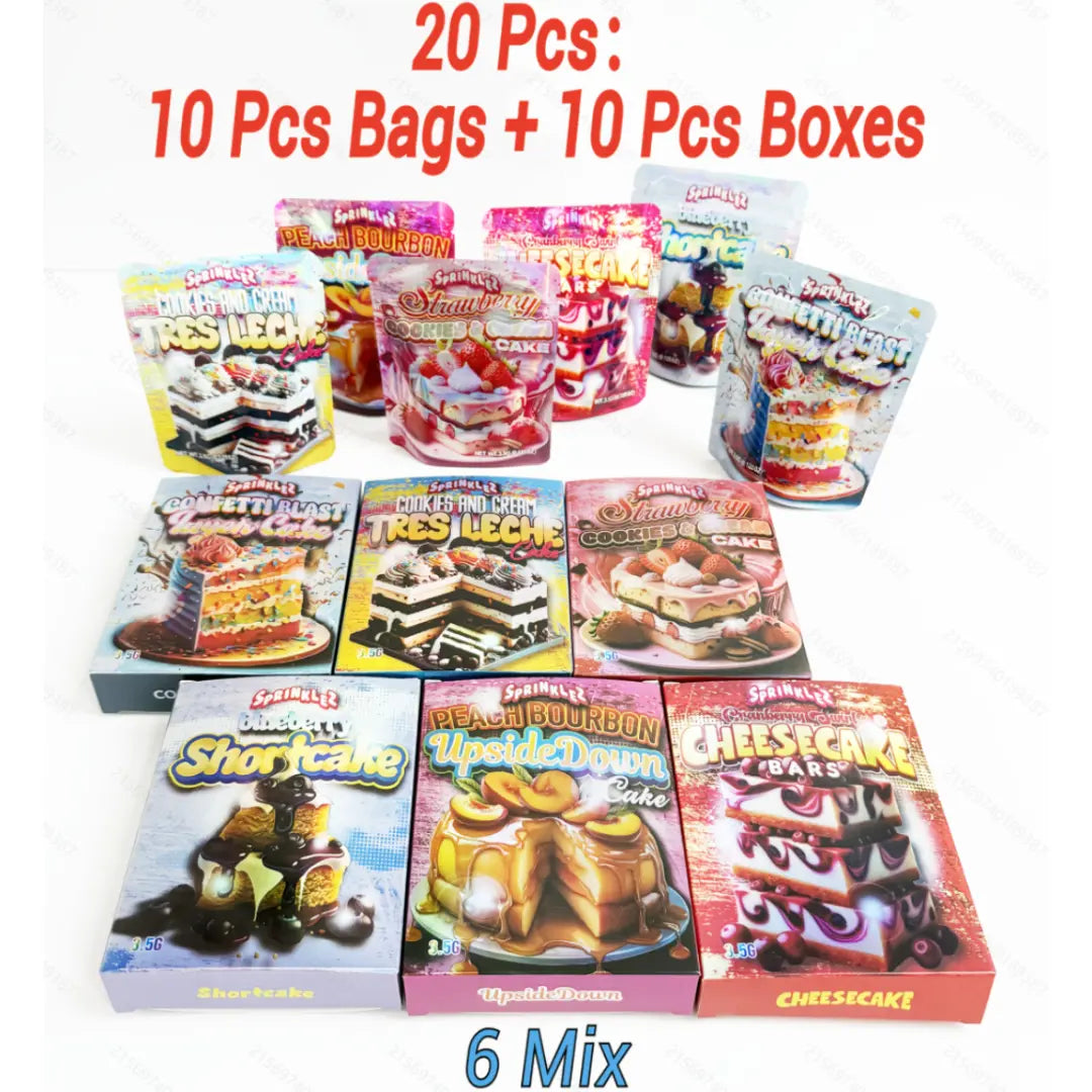 Dessert Style Mylar Bags & Boxes Set – 10 Pack 3.5g Smell Proof Ziplock (6 Mixed Designs)