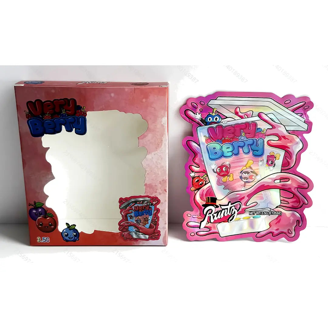 10 Pack 3.5g Mylar Bags with Matching Boxes Smell Proof Resealable Foil Packaging Cute Berry Design
