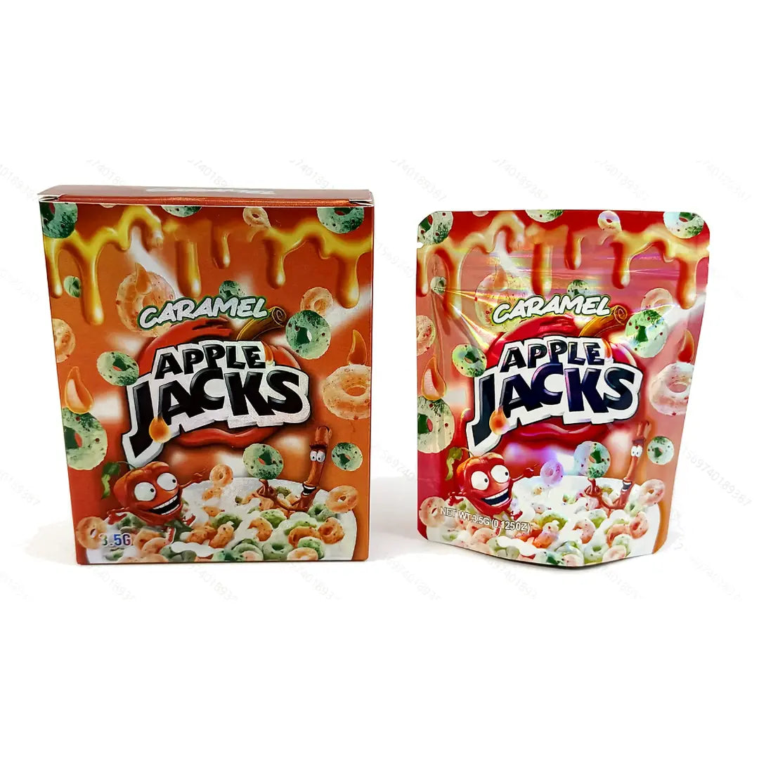 10 Pack 3.5g Mylar Bags with Matching Boxes Smell Proof Resealable Foil Packaging Caramel Apple Candy Design