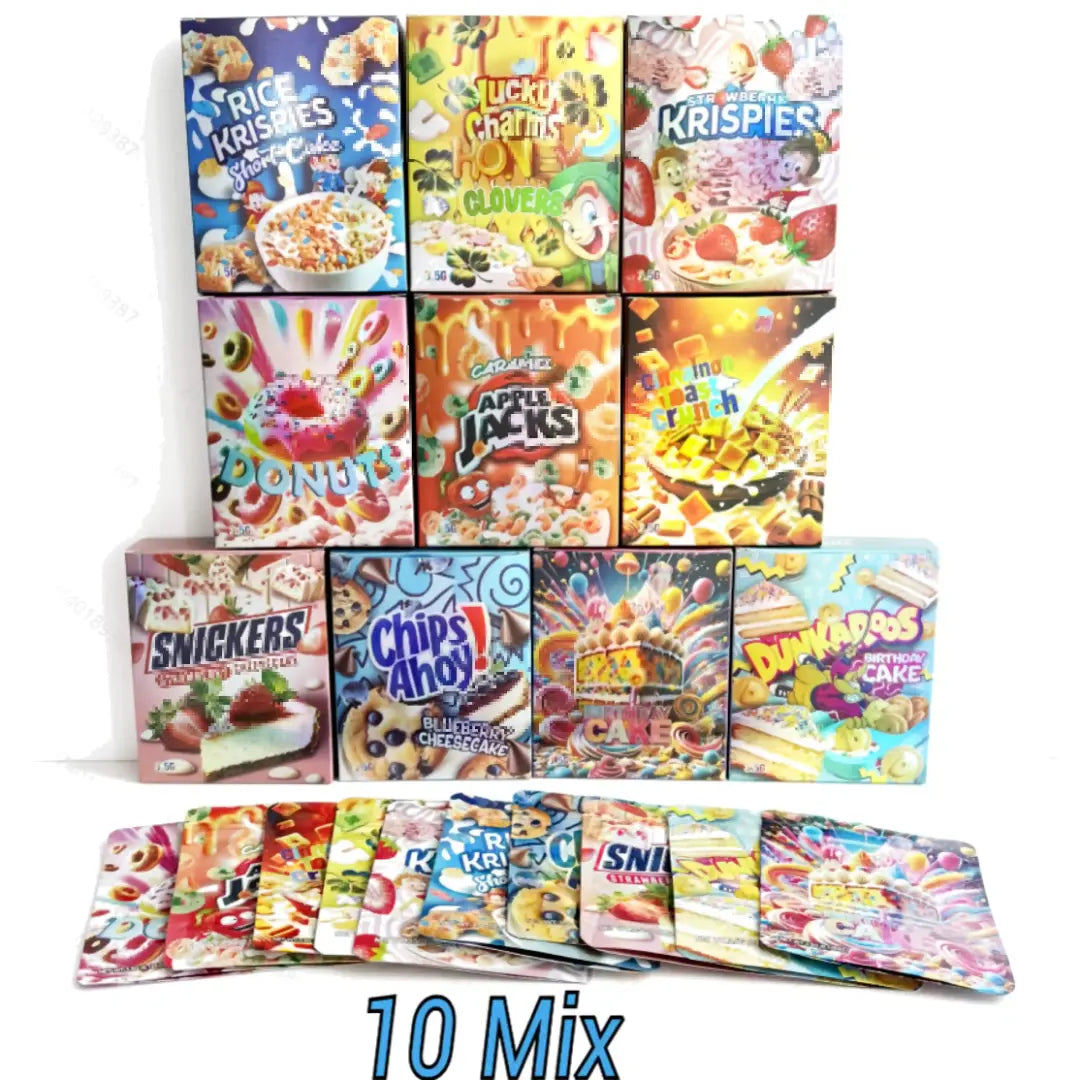 10 Pack 3.5g Mylar Bag & Box Set – 10 Unique Designs Smell Proof Resealable Pouches with Matching Boxes