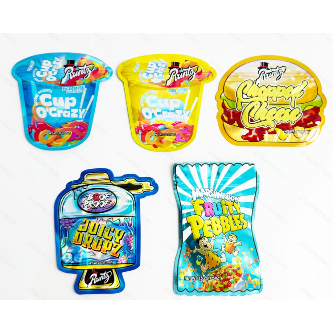 50pcs 3.5g Mylar Bags Assorted Cup Shape & Creative Designs Smell Proof Resealable Stand Up Ziplock Pouches for Food & Snack Packaging