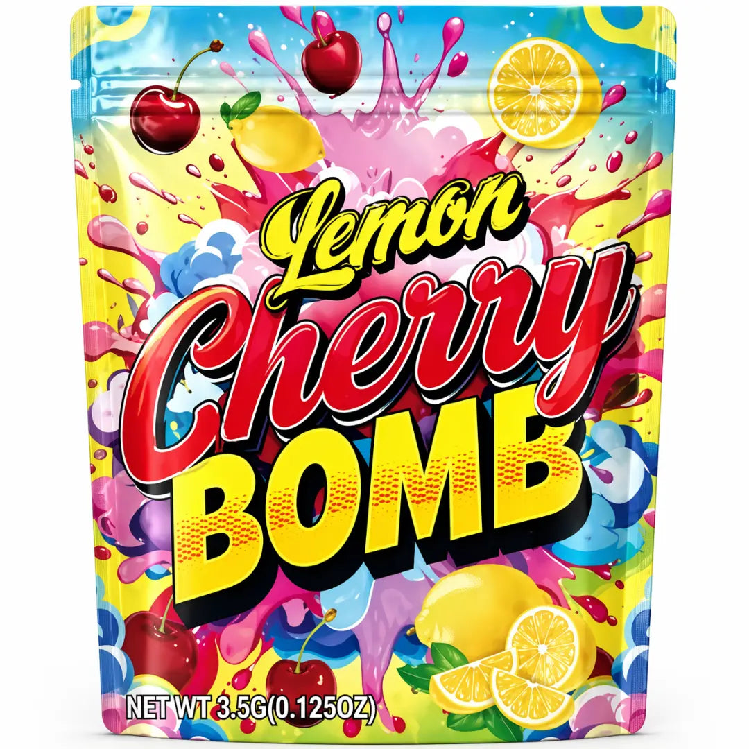 50 Pack 3.5g Mylar Bags – Lemon Cherry Splash Style Smell Proof Resealable Ziplock Pouches, Candy-Inspired Packaging Design