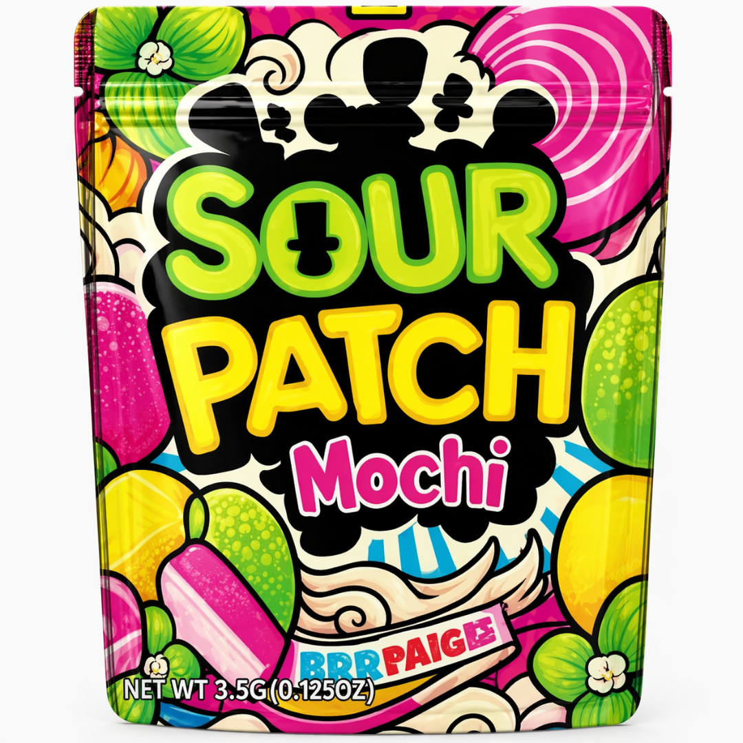 50 Pack 3.5g Mylar Bags – Sour Candy Style Smell Proof Resealable Ziplock Pouches, Mochi Design Packaging
