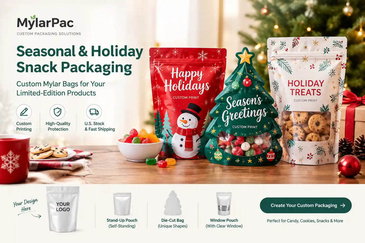 Custom holiday snack packaging featuring stand-up, die-cut, and window Mylar bags