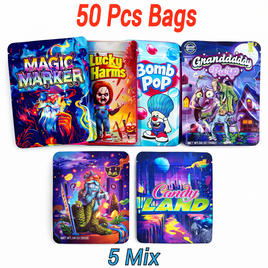 50PCS Smell Proof Mylar Bags Resealable Stand Up Pouches Foil Ziplock Storage Bags Mixed Designs