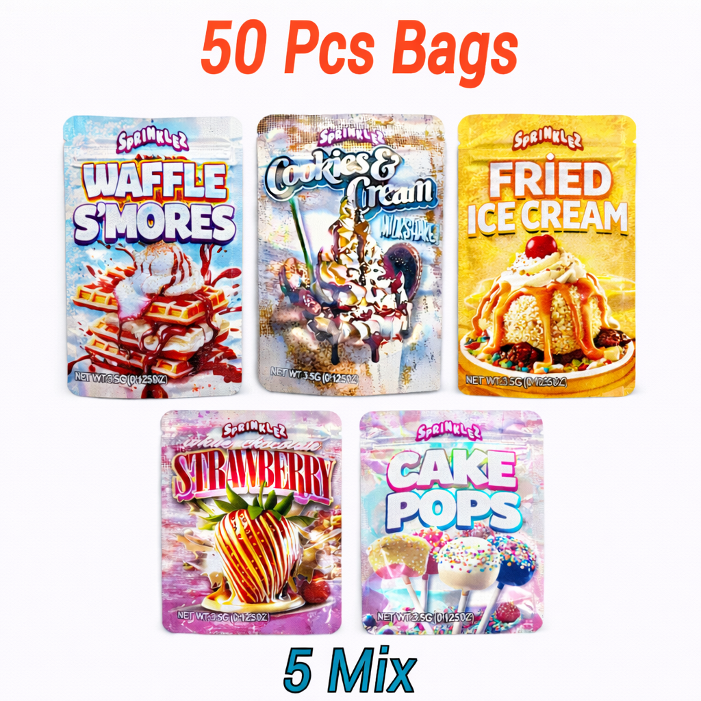 50PCS Mylar Bags 5 Mix Designs Smell Proof Resealable Stand Up Pouches for Food Storage