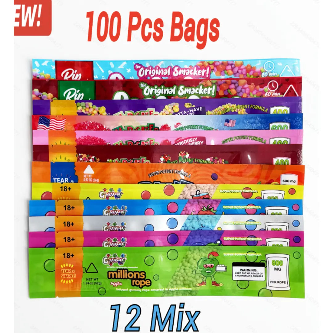 100 Pack 3.5g Mylar Bags – 12 Mixed Designs Smell Proof Resealable Foil Packaging Pouches BulkMylar Bags