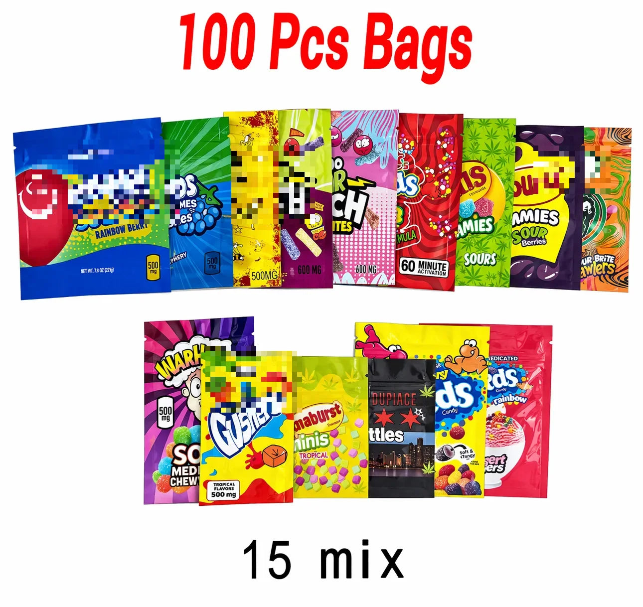 100 Pack Mylar Bags 3.5g – 15 Mixed Designs Smell Proof Resealable Ziplock Foil Packaging Food Storage Bags