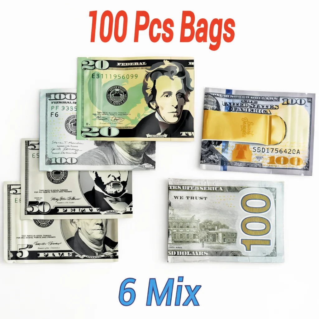 100 Pack 3.5g Mylar Bags Smell Proof Ziplock Pouches – 6 Mix Dollar Cash Style Packaging Bags
