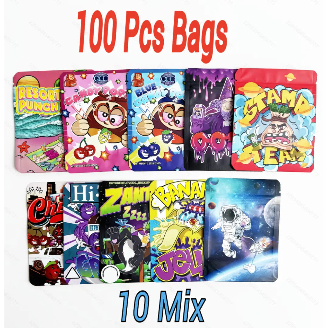 100 Pack 3.5g Mylar Bags 10 Cartoon Designs Smell Proof Ziplock Pouches