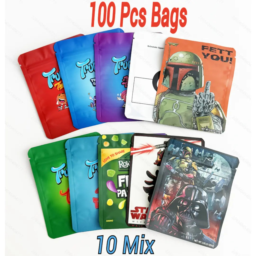 100 Pack 3.5g Mylar Bags 10 Graphic and Sci-Fi Designs Ziplock Pouches