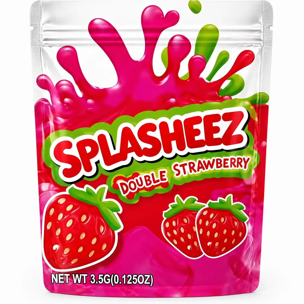 50 Pack 3.5g Mylar Bags – Strawberry Splash Style Smell Proof Resealable Ziplock Pouches, Candy - Inspired Packaging Design - MylarPac Shop