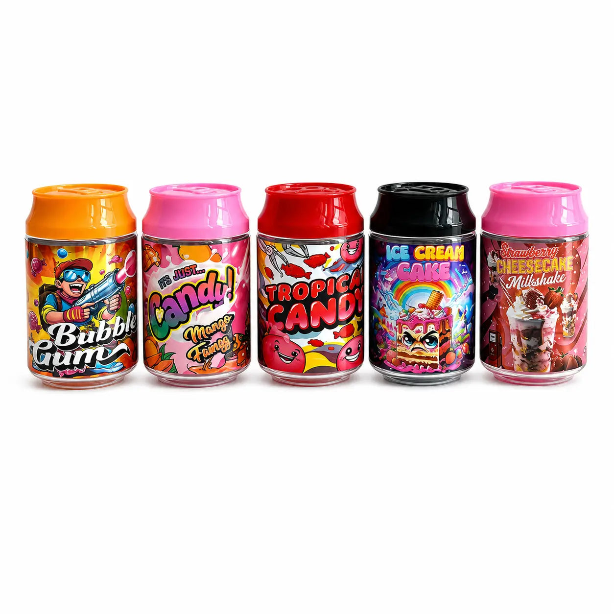 10 Pcs 100ml Soda Can PET Jars | 5 Mixed Candy & Dessert Designs Reusable Storage Containers with Screw Lids