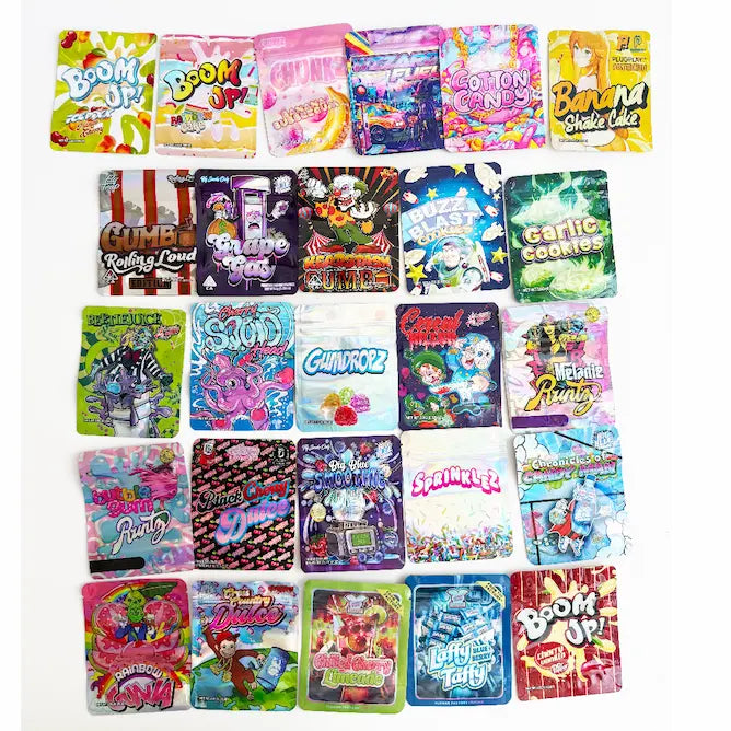 100 Pack Assorted 3.5g Mylar Bags | Multiple Mixed Designs Resealable Ziplock PouchesMylar Bags