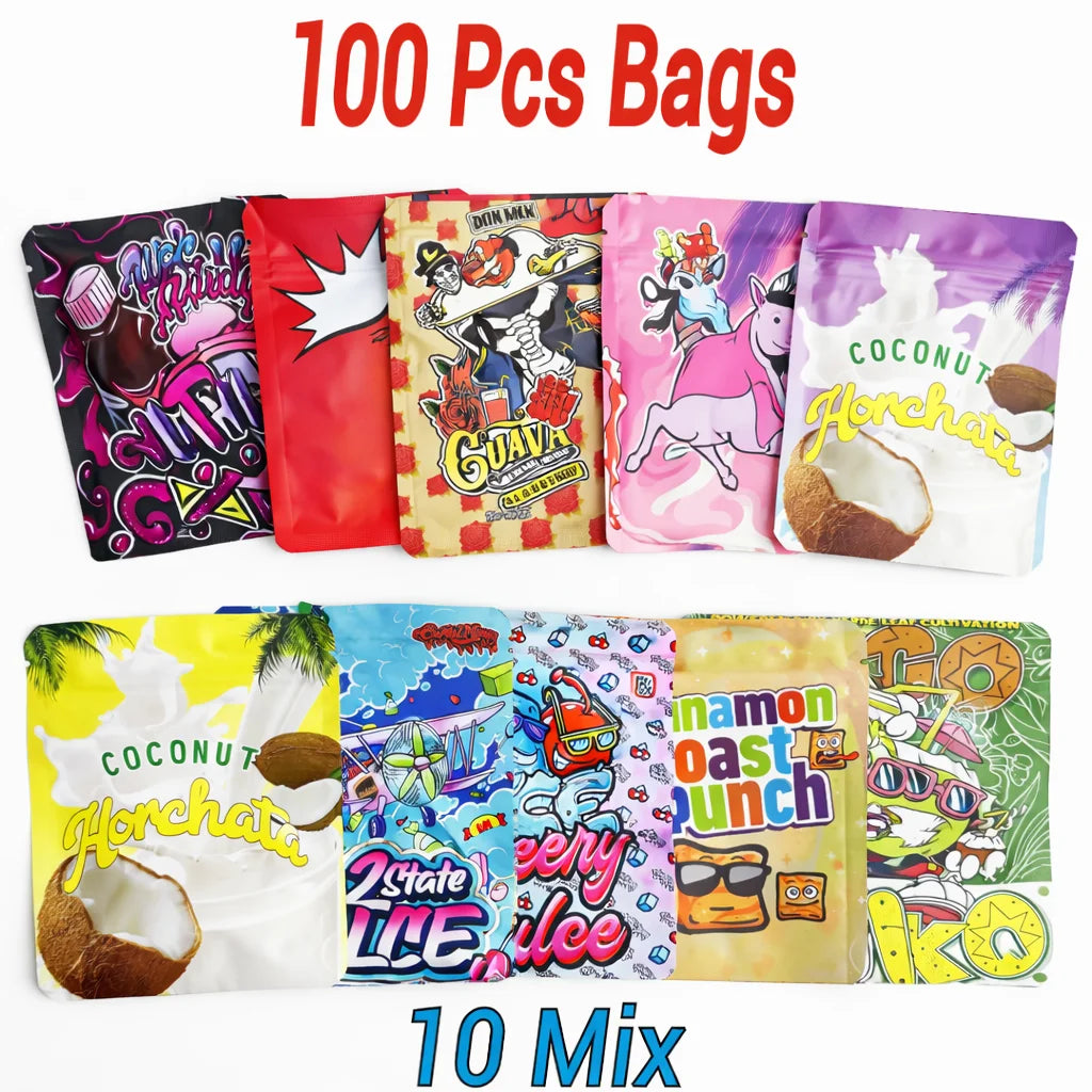 100 Pack 3.5g Mylar Bags 10 Candy and Cartoon Designs Ziplock Pouches