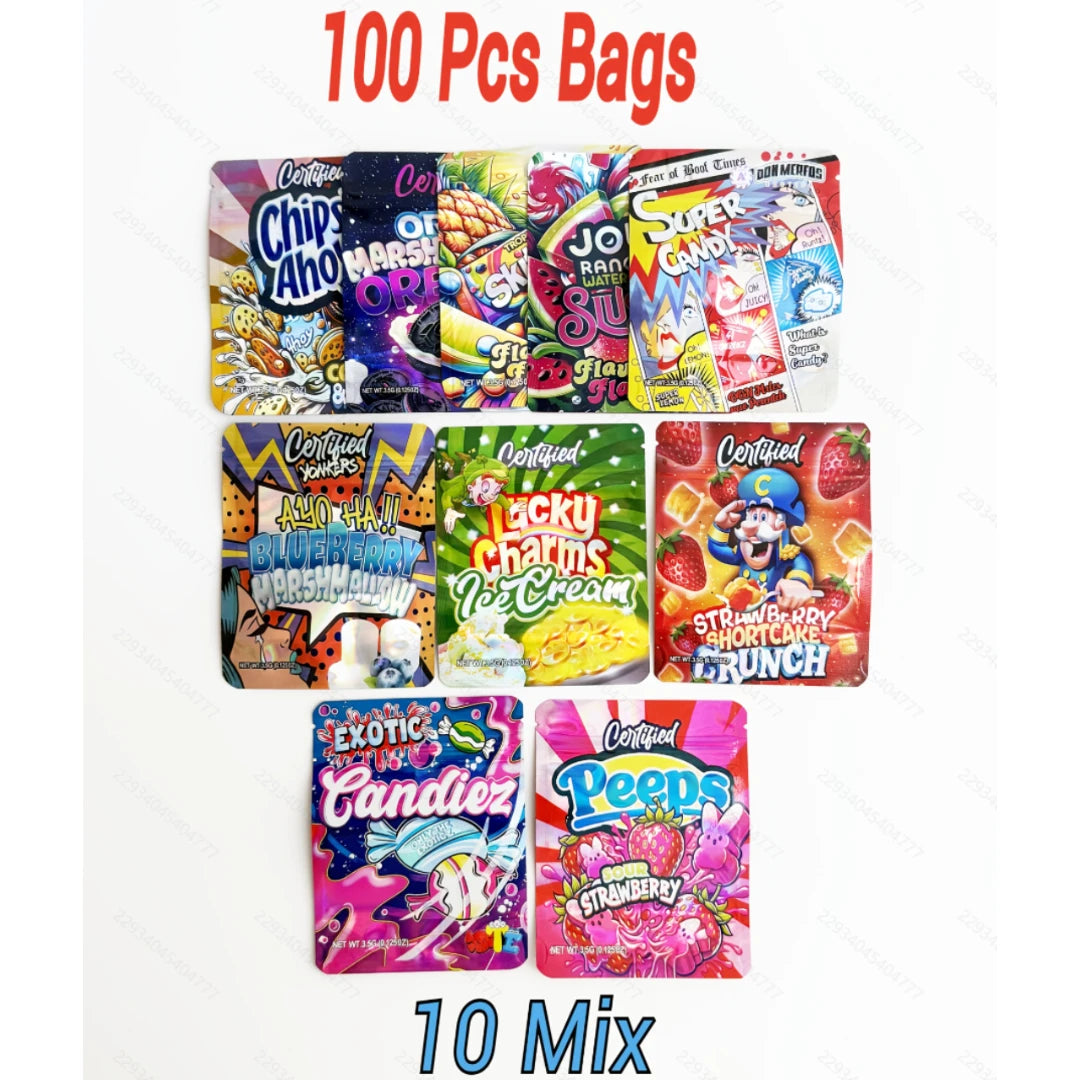 100 Pack 3.5g Mylar Bags Smell Proof Ziplock Pouches – 10 Mix Colorful Candy Style & Graphic Packaging Bags