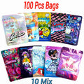 100 Pack 3.5g Mylar Bags 10 Holographic Candy Designs Ziplock Pouches
