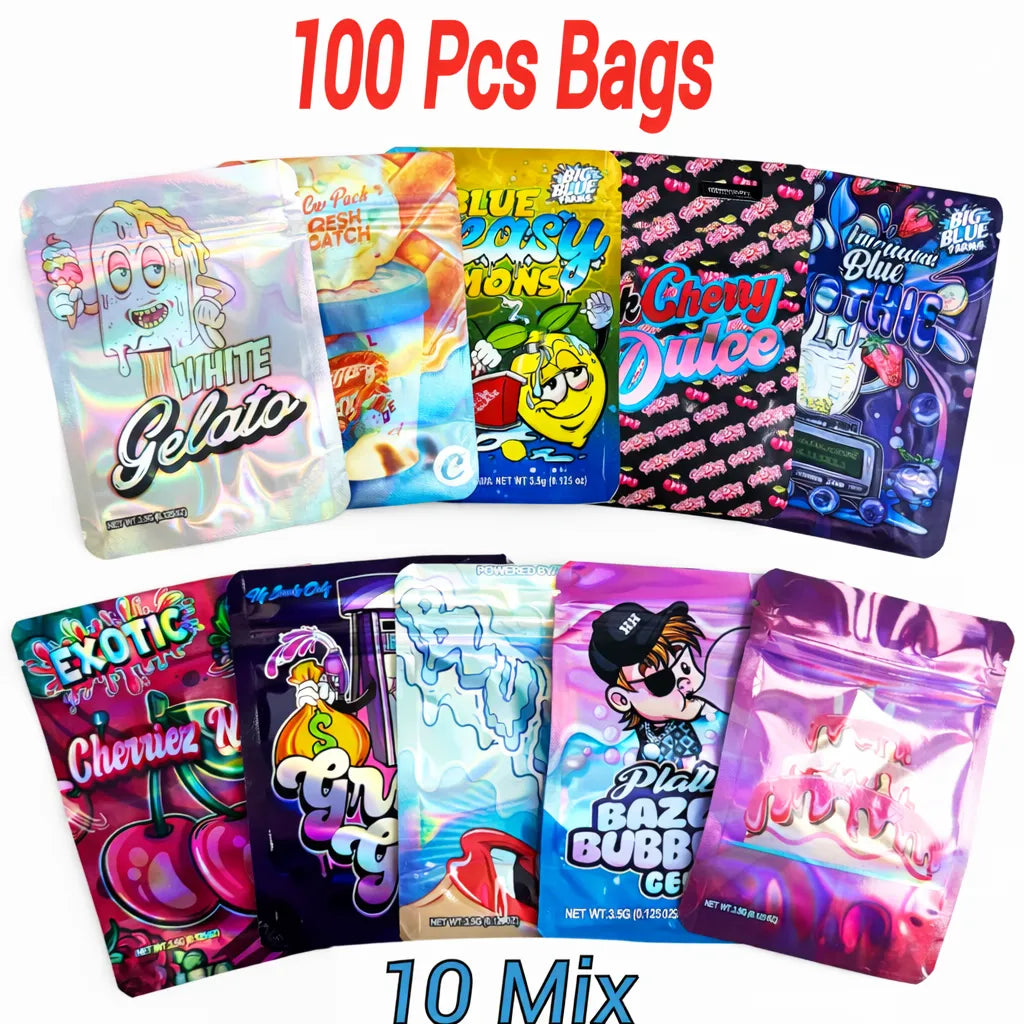 100 Pack 3.5g Mylar Bags 10 Holographic Candy Designs Ziplock Pouches
