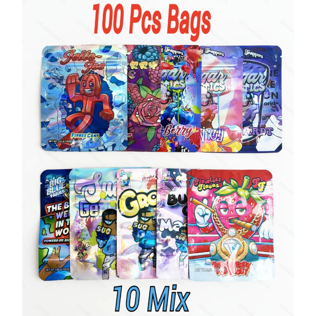 100 Pack 3.5g Mylar Bags 10 Street Art Designs Ziplock Pouches