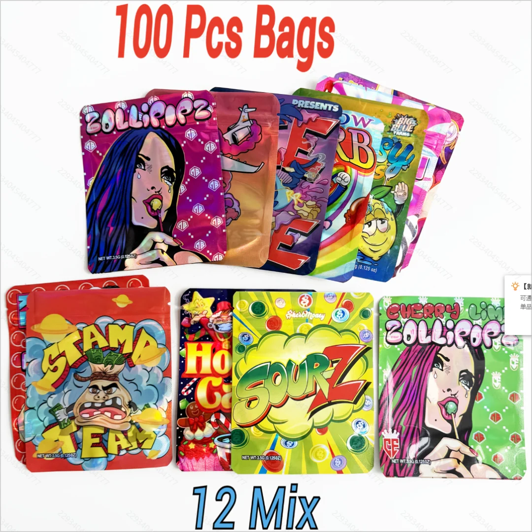 100 pack 3.5g mylar bags holographic smell proof ziplock pouches