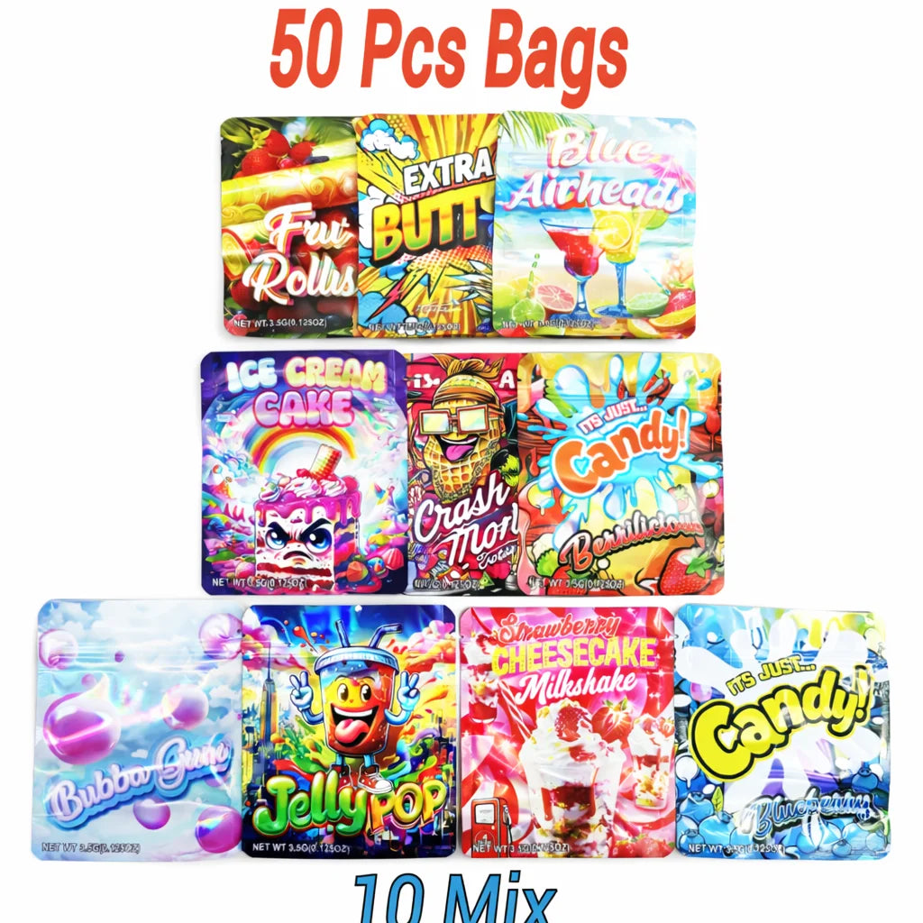 50 Pack 3.5g Mylar Bags Smell Proof Ziplock Pouches – 10 Mix Colorful Candy Style Packaging Bags