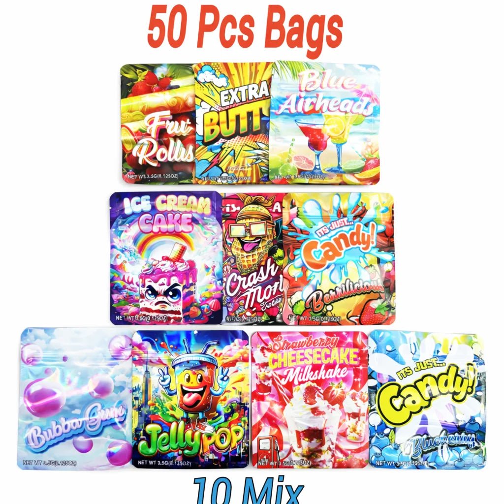 50 pack 3.5g mylar bags smell proof ziplock pouches mixed candy style packaging bags